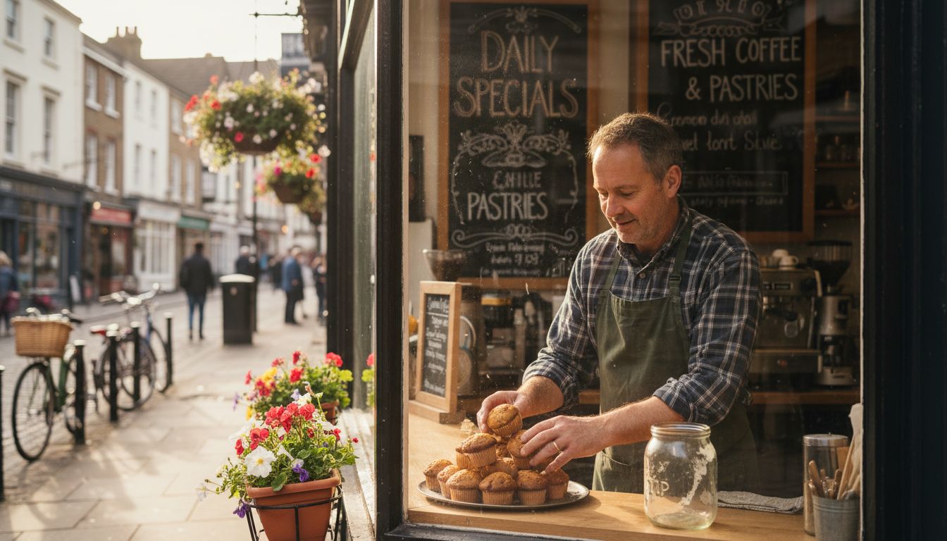 Café owner arranges items in shop window