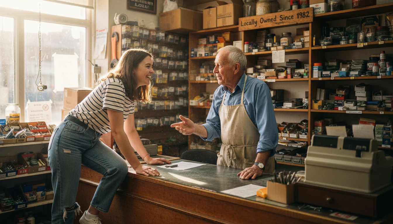 Shopkeeper talking with local customer