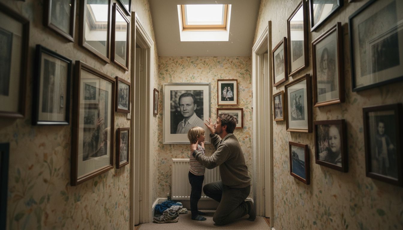Father and son adjusting family portrait wall