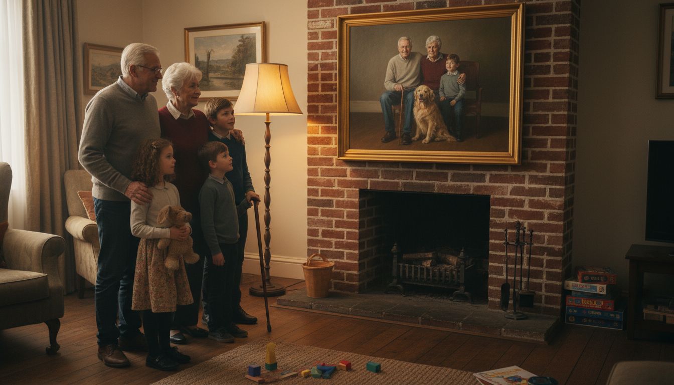 Family admiring custom portrait together