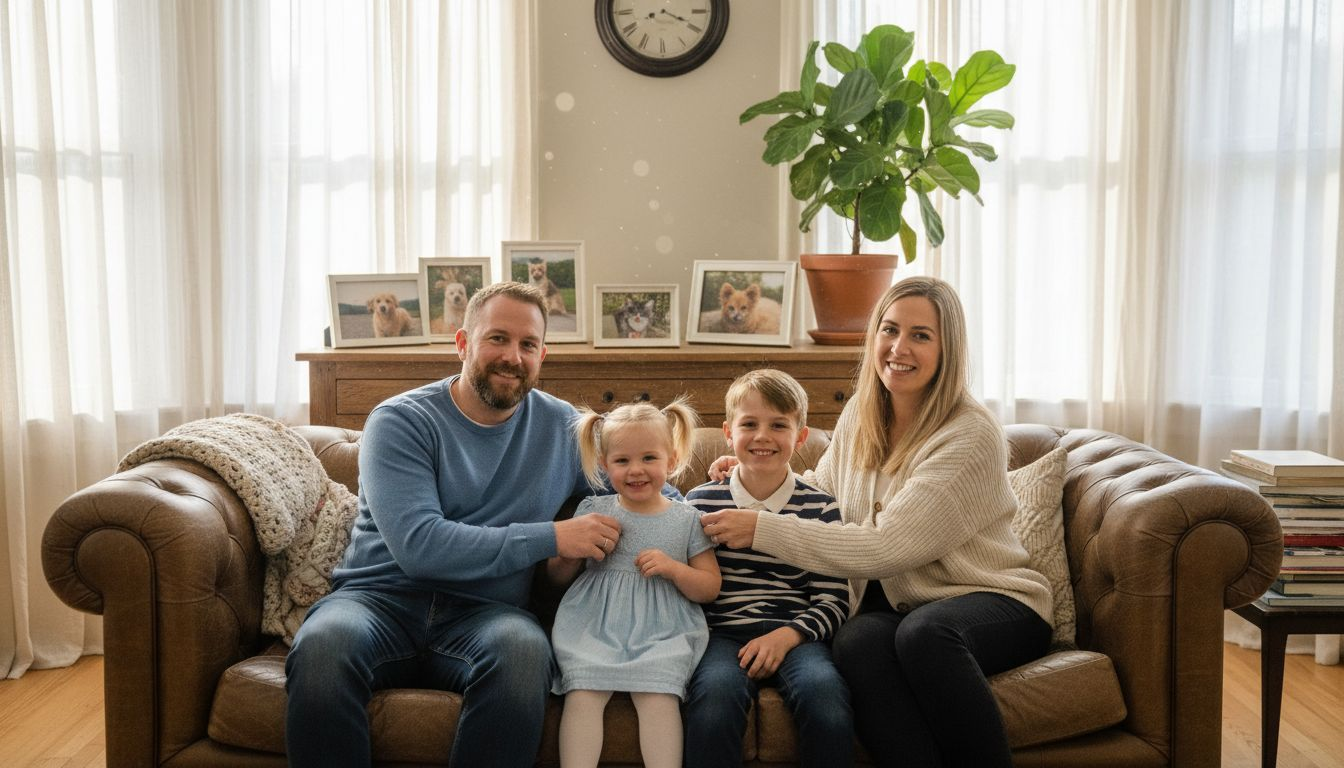 Family posing for colorful custom portrait at home