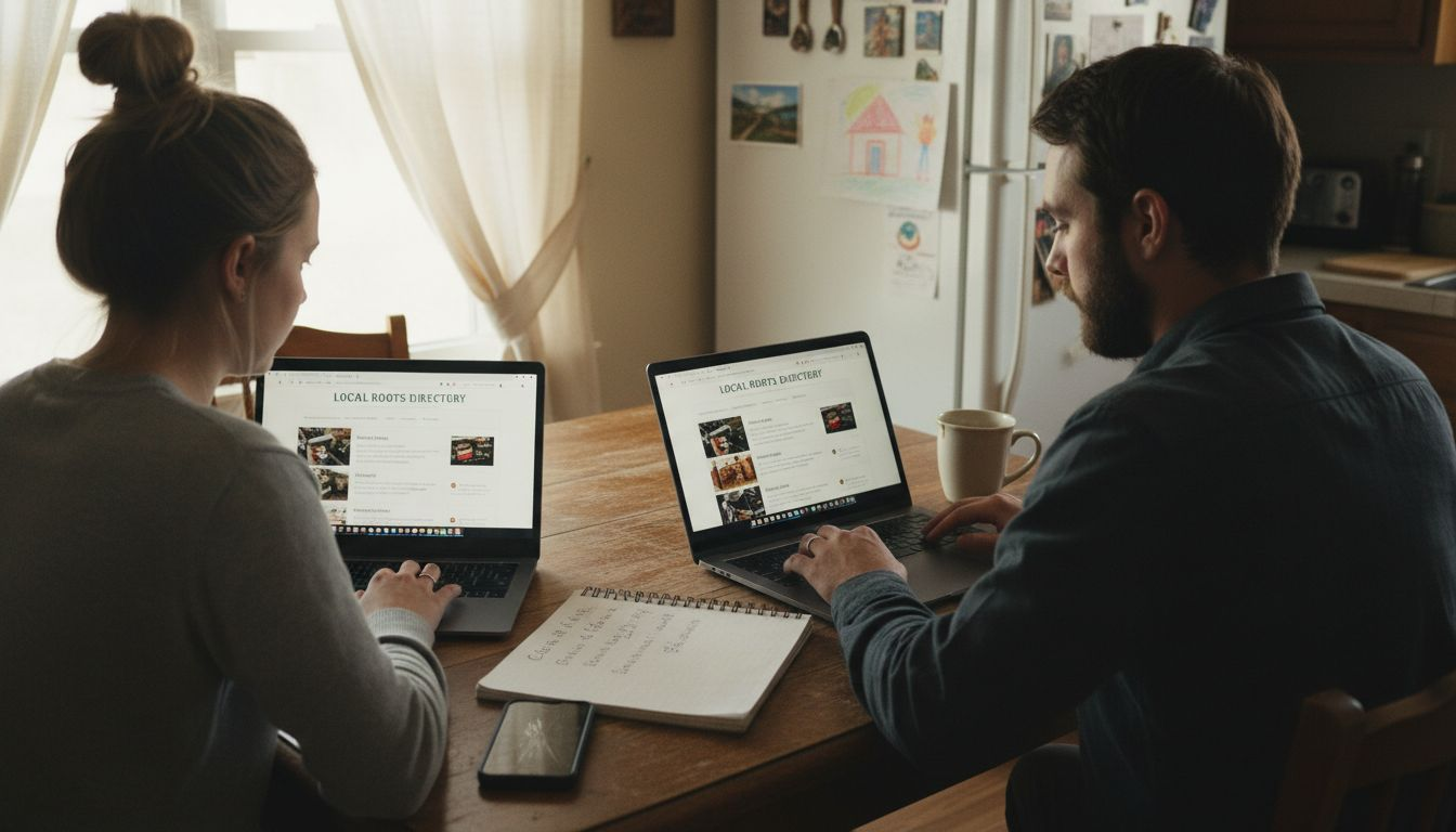 Couple browsing local business directory kitchen table