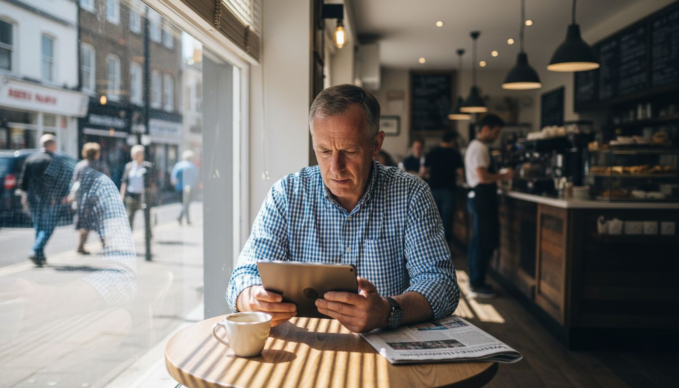 Business owner reading reviews in Waterlooville café
