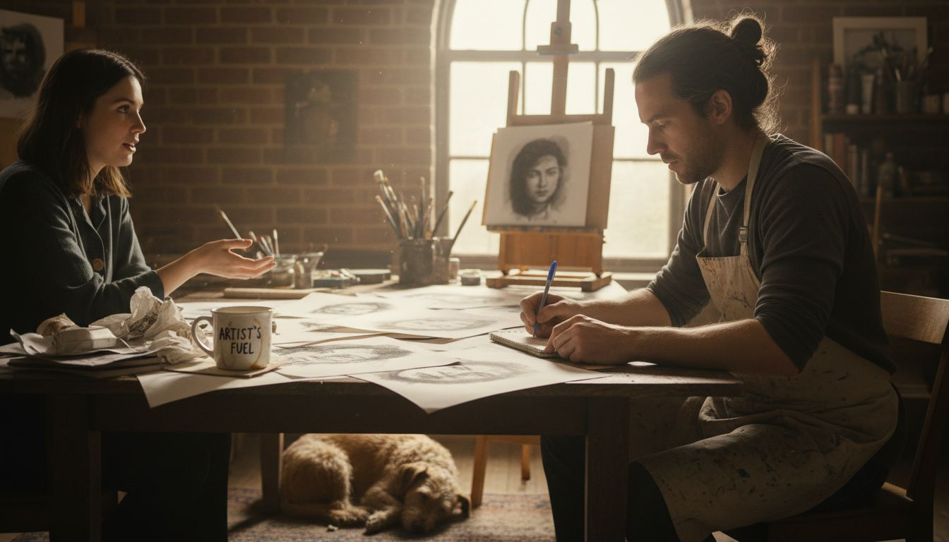 Artist and client in portrait planning meeting