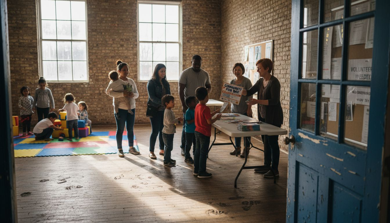 People gather at busy community center entrance