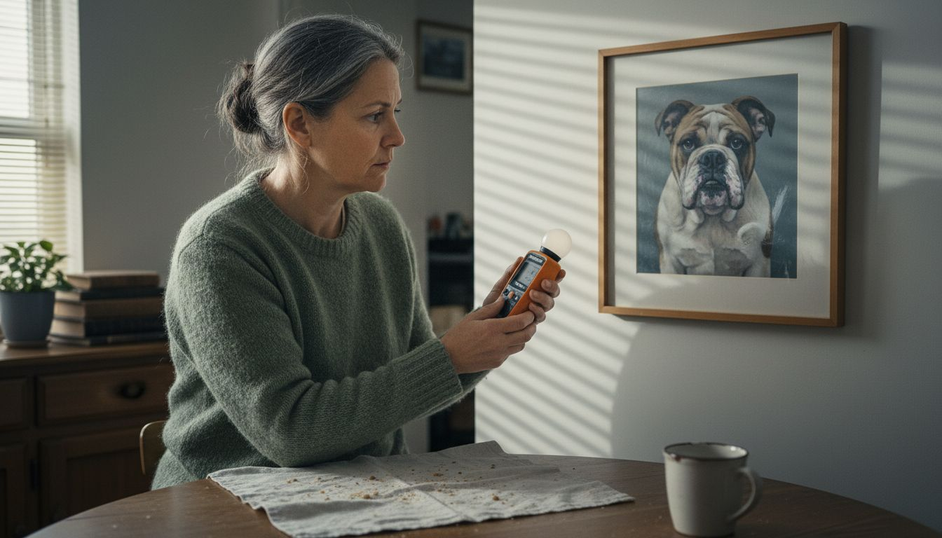 Woman checking light near dog portrait