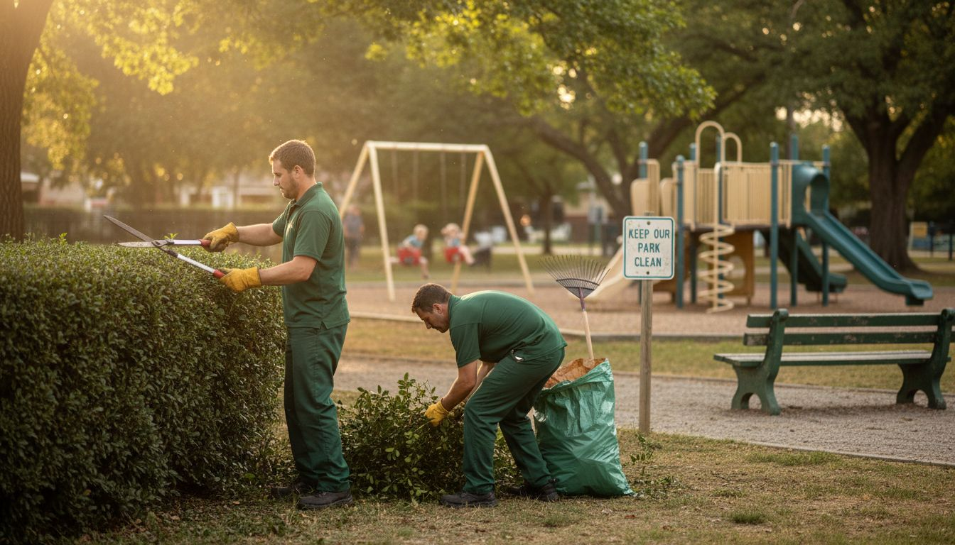 City workers maintaining public park area