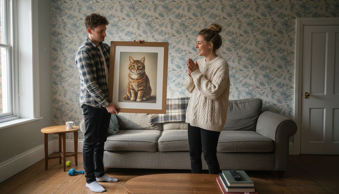 Couple displaying new pet portrait at home