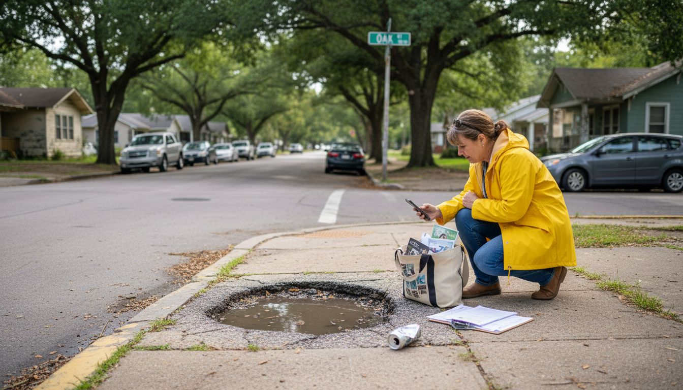 Woman photographing pothole on residential street
