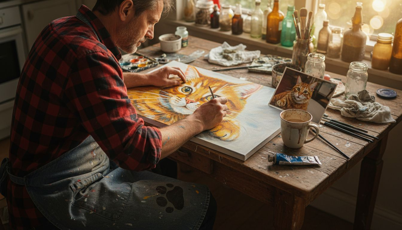 Artist painting custom cat portrait at home