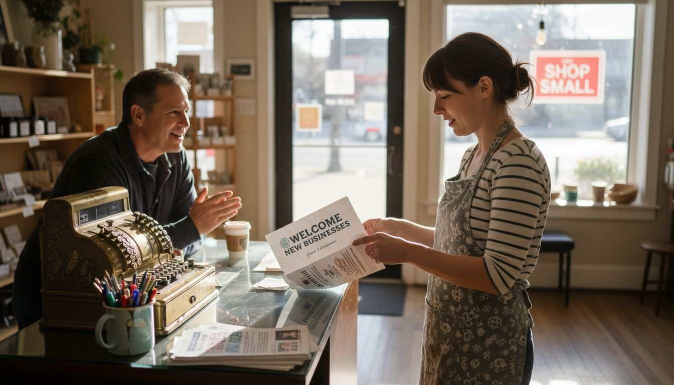 Shop owner reviewing chamber support materials
