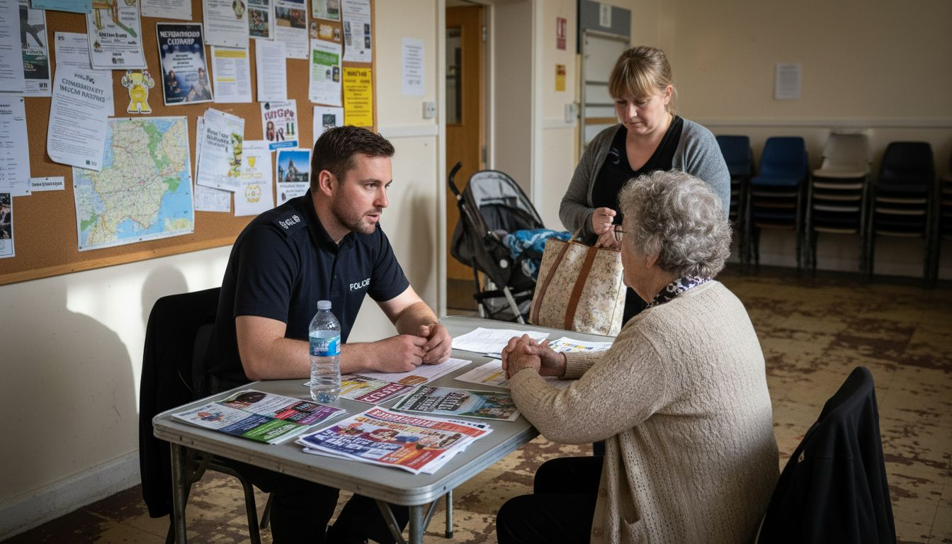 Police officer talking with residents at town hall