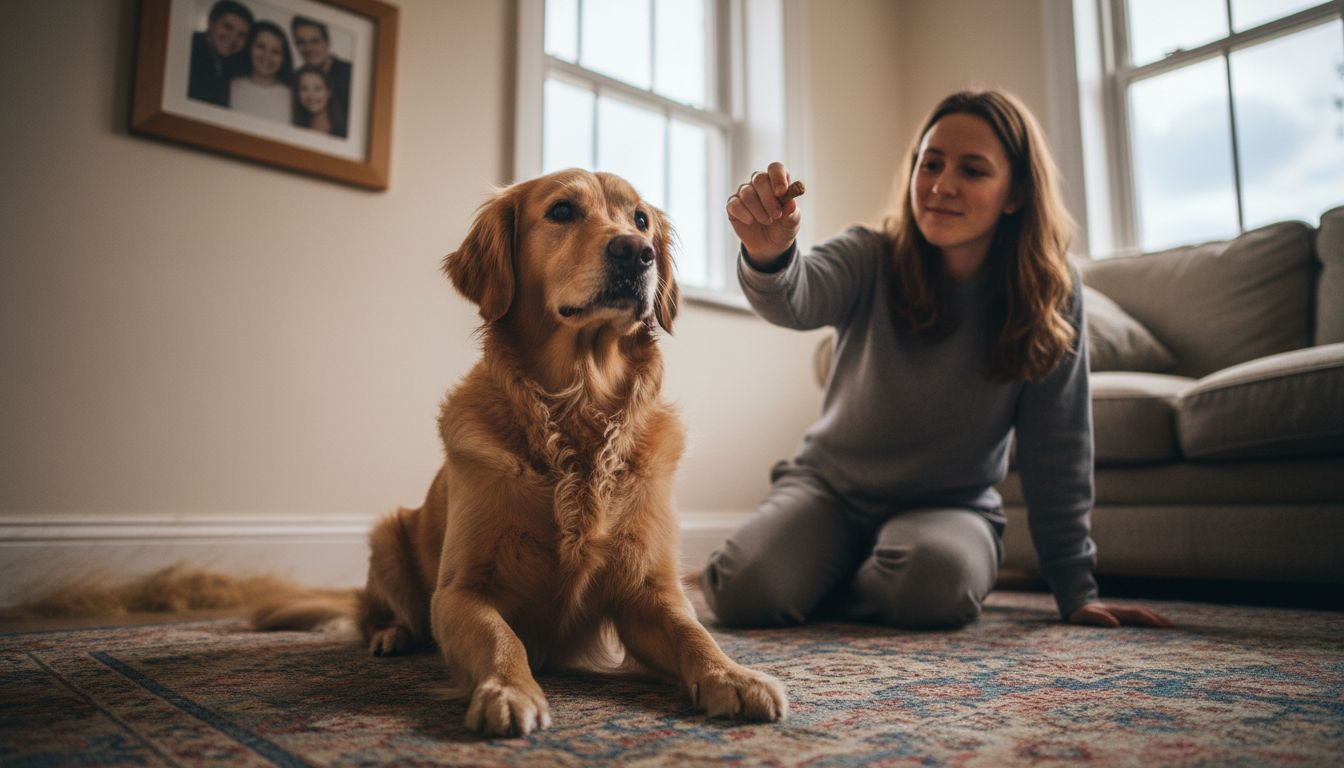 Pet posed for portrait with owner holding treat