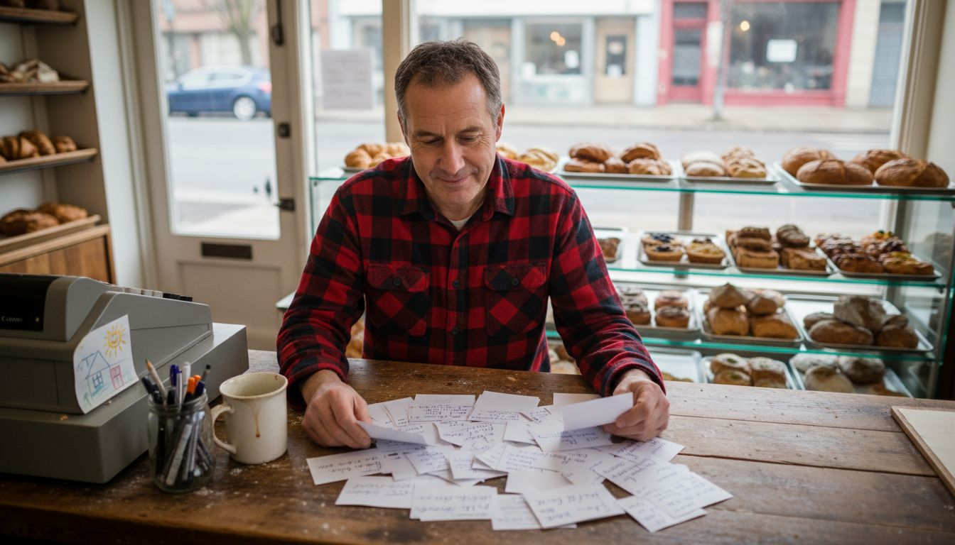 Shop owner reading customer comment cards