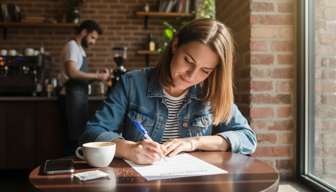 Customer filling out feedback survey in café