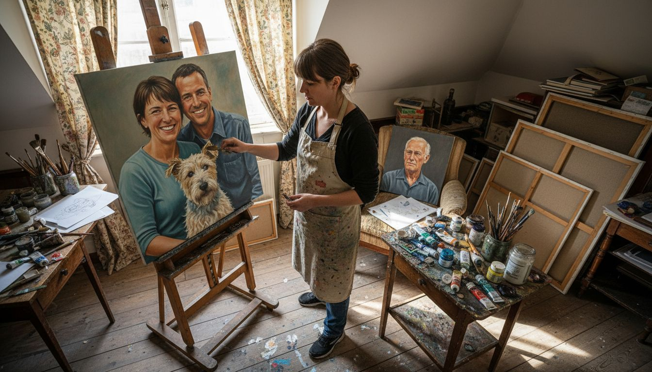 Artist painting custom couple pet portrait