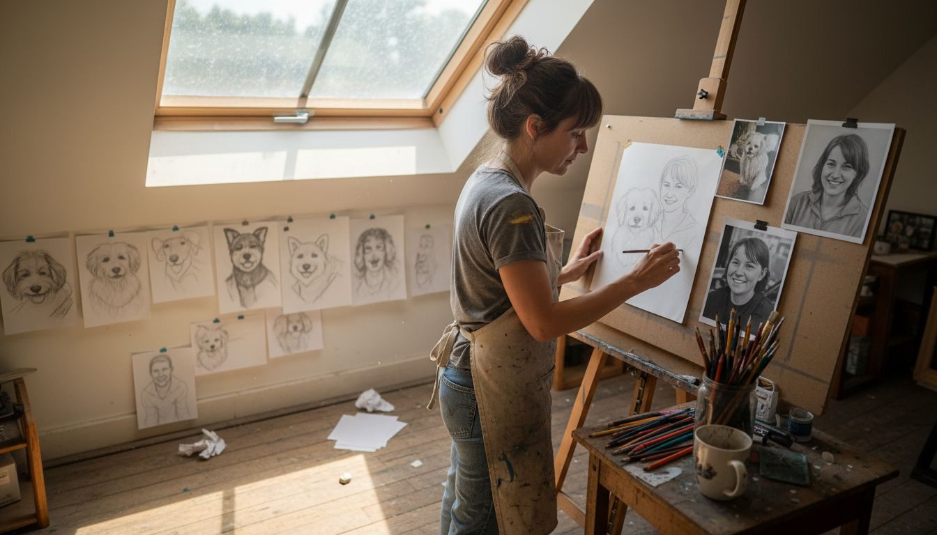Artist sketching milestone portrait in studio