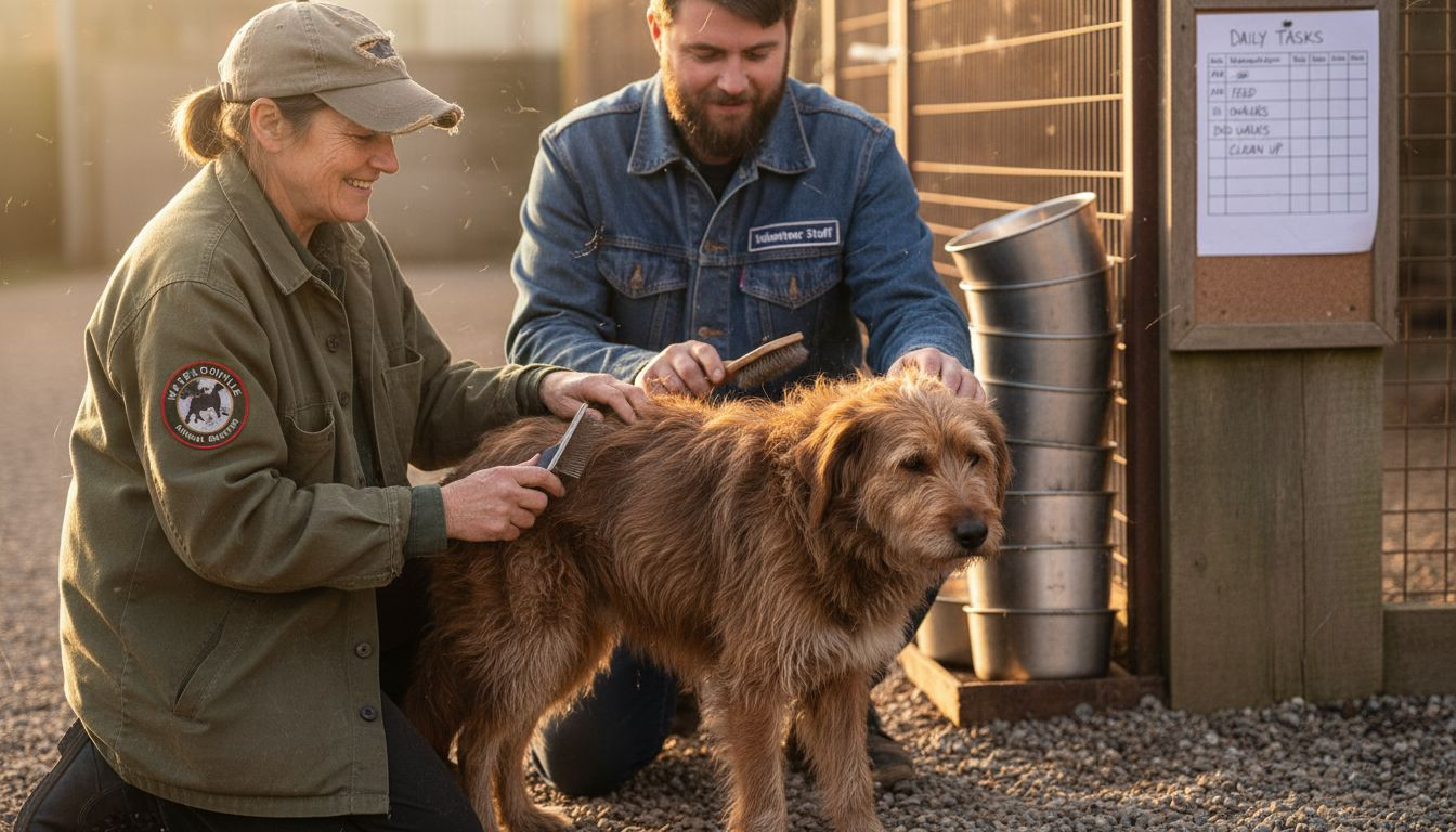 Volunteers helping rescued dog at shelter
