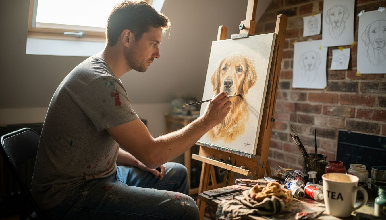 Artist painting photorealistic pet portrait