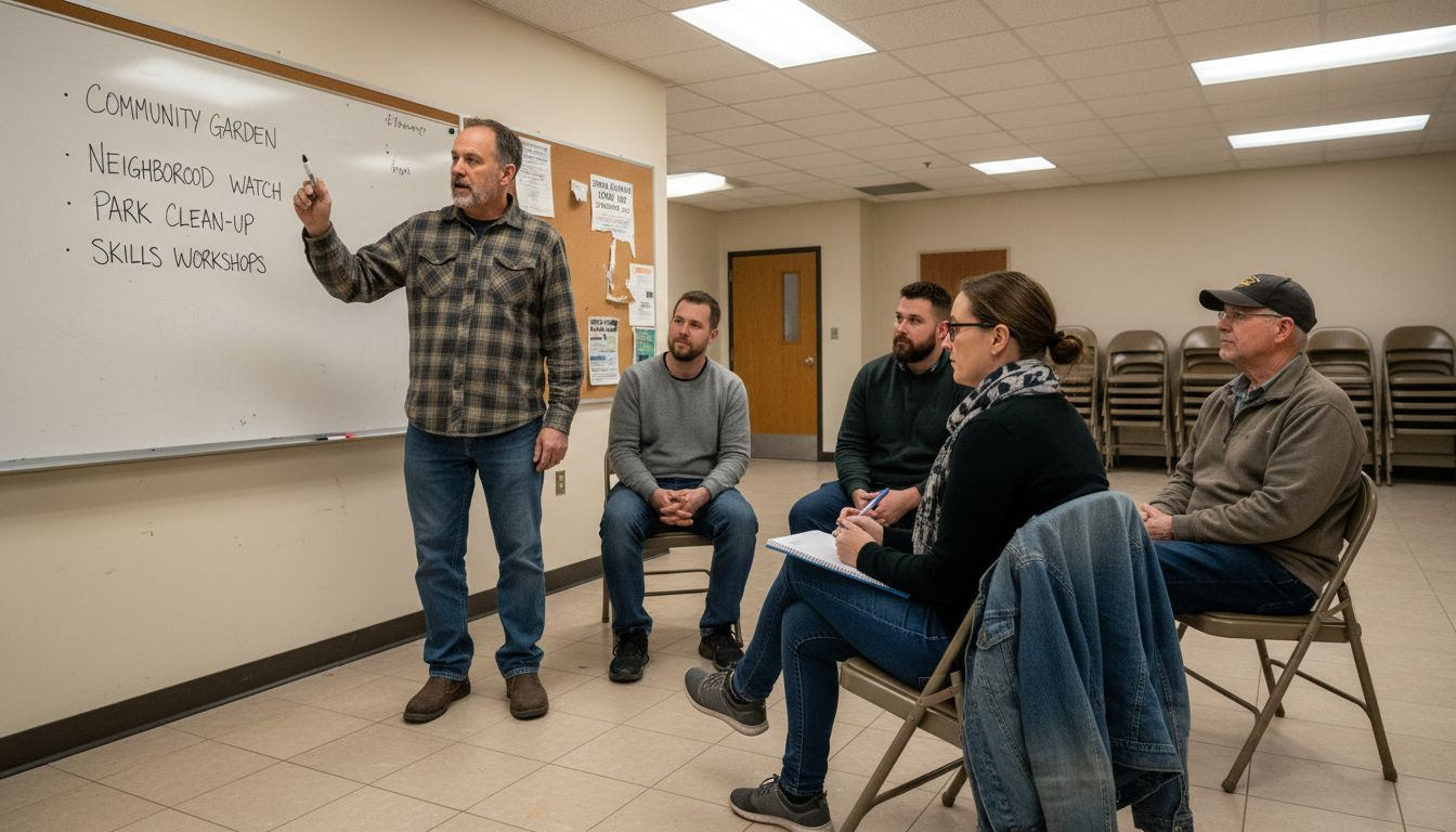 Residents discussing projects at community hall
