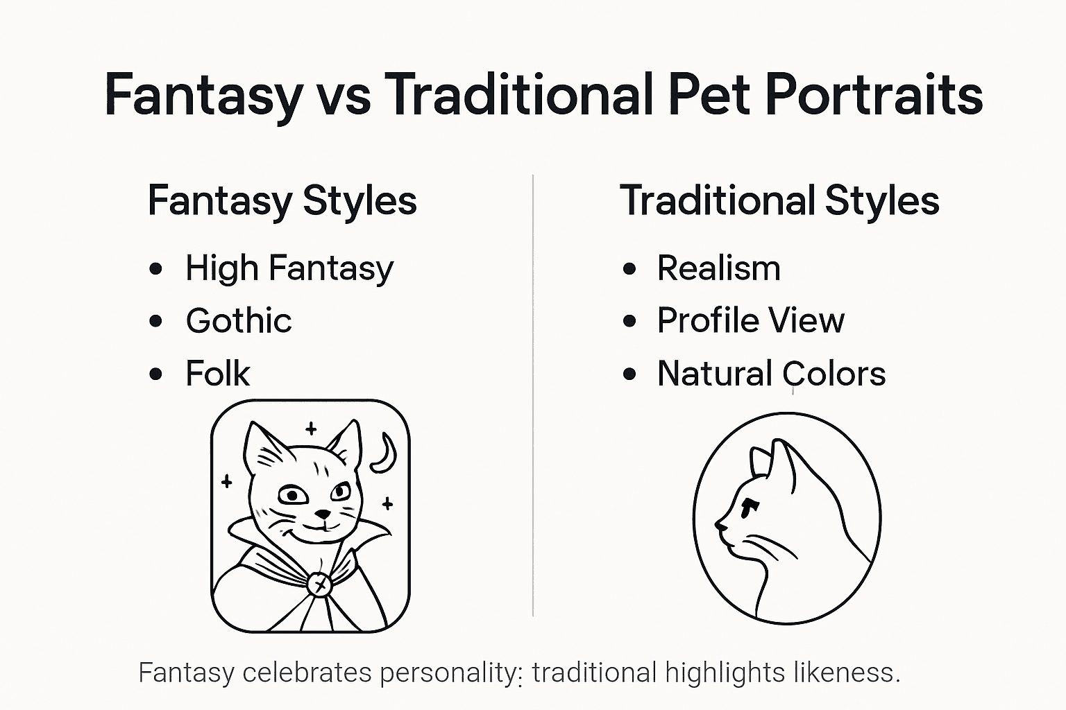 Infographic comparing fantasy and traditional pet portraits