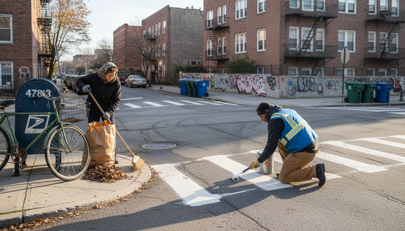 City worker painting crosswalk in urban renewal