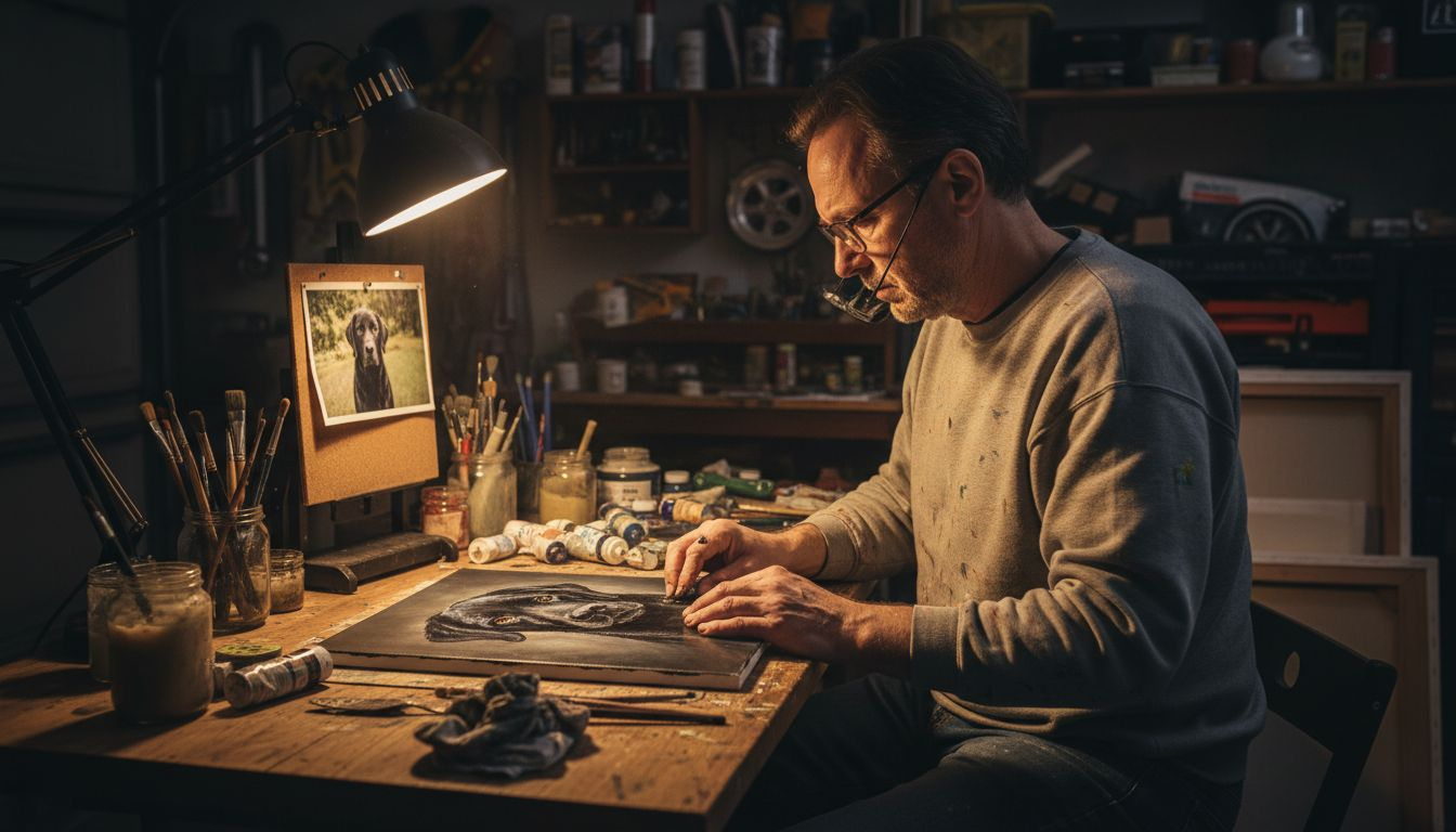 Artist painting realistic dog portrait in garage