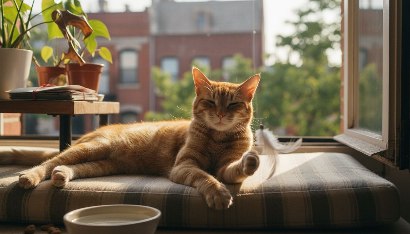 Cat playing on window seat for photo