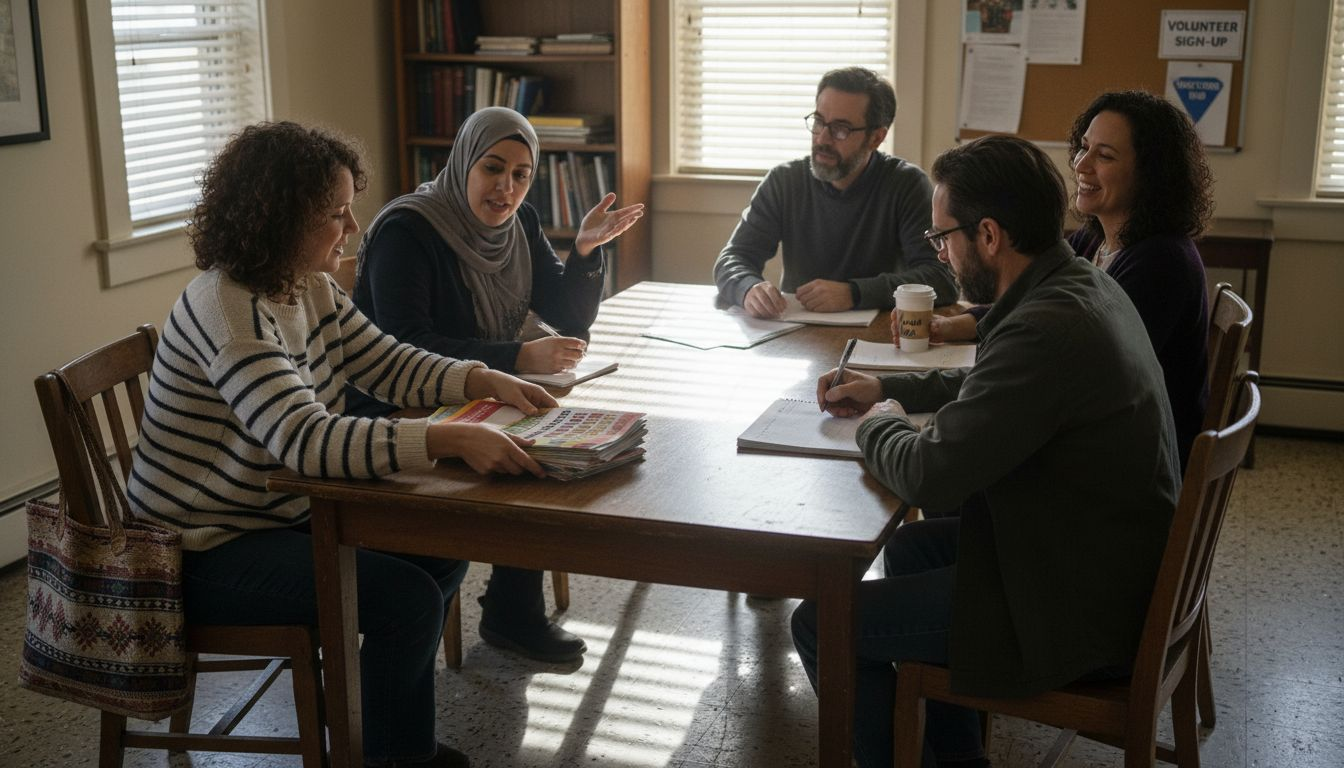 Community group meeting with flyers and notes