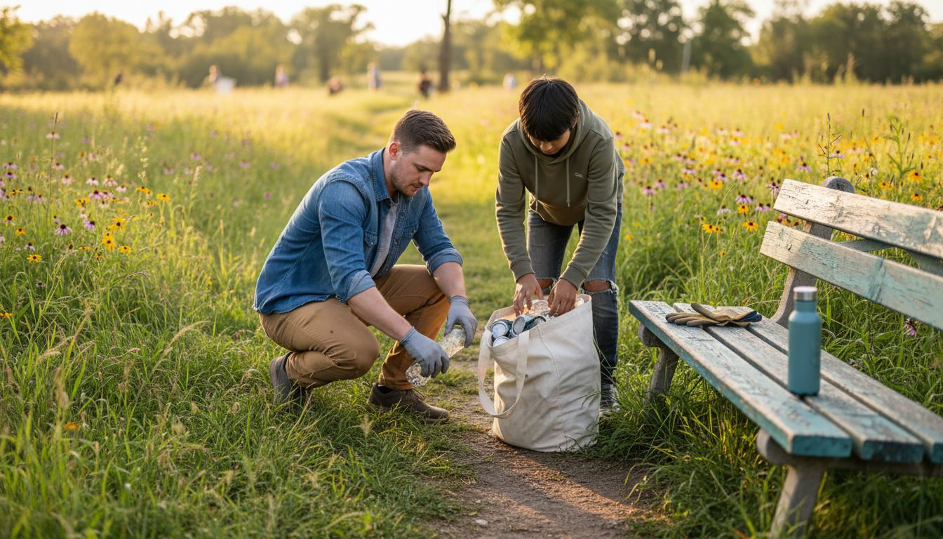 Volunteers picking up litter in city park