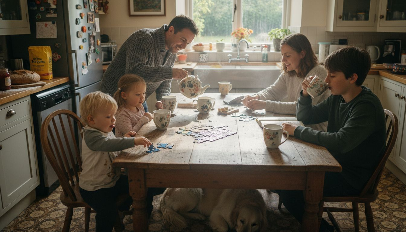 Multi-generational family around kitchen table