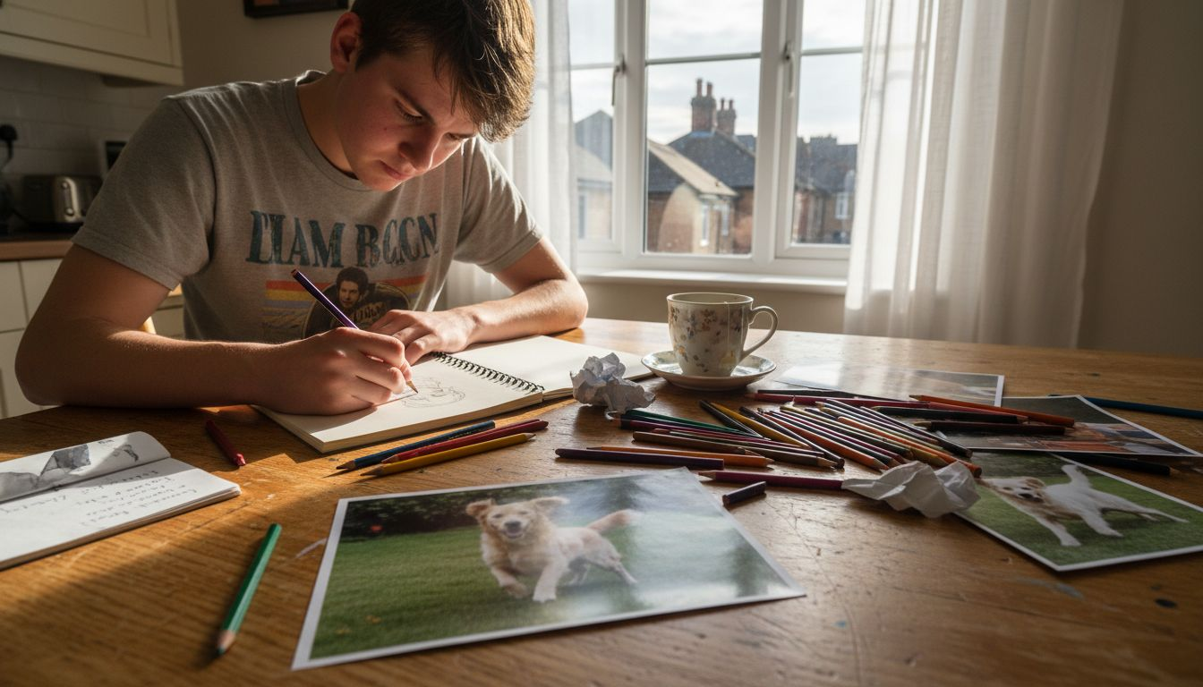 Artist sketching pet portrait with references