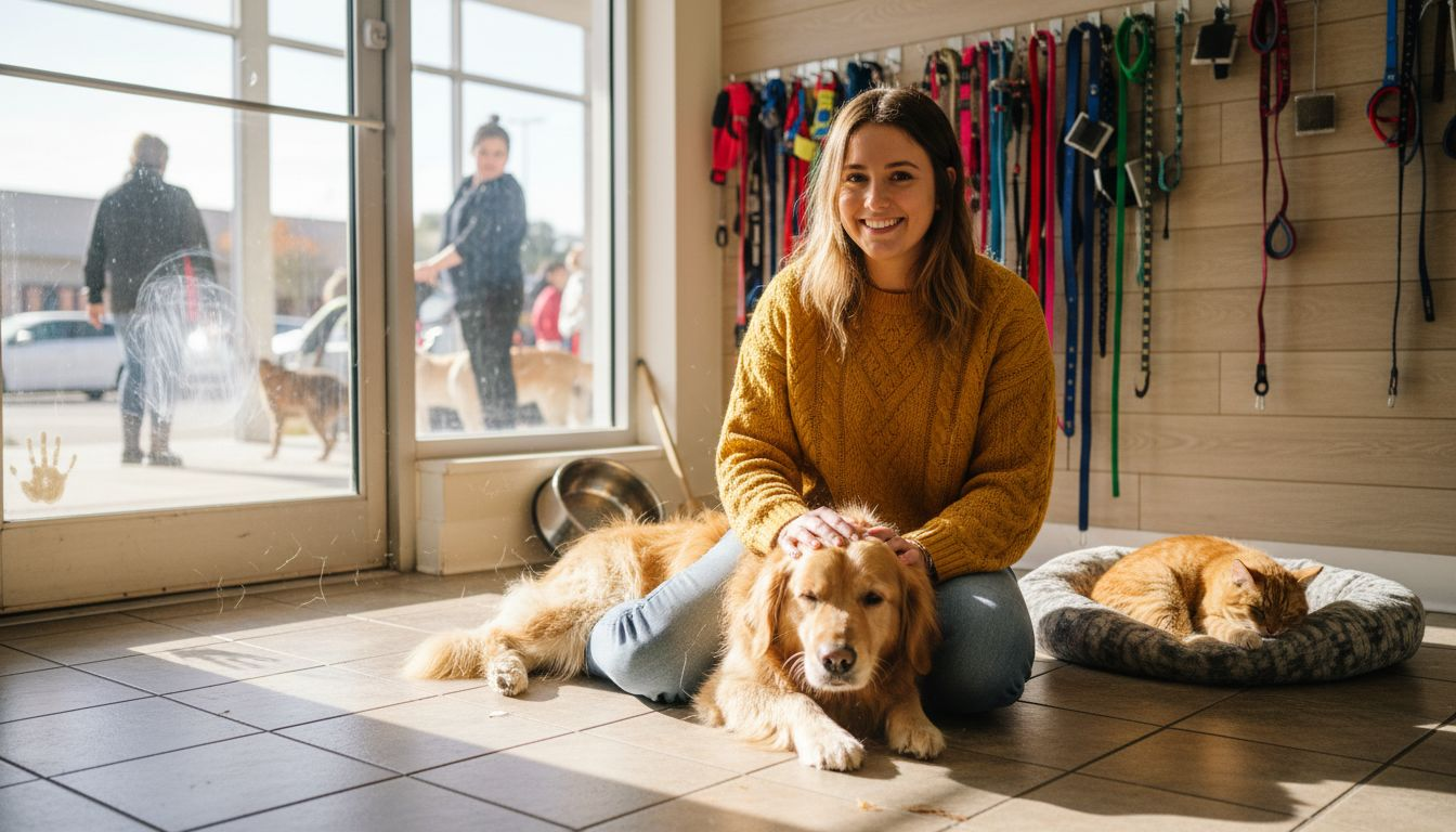 Pet care center with dog grooming and cat resting
