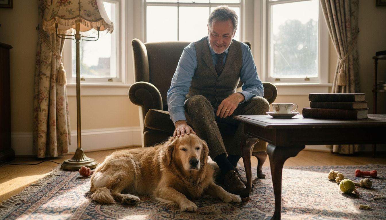 Man brushing golden retriever in vintage parlour