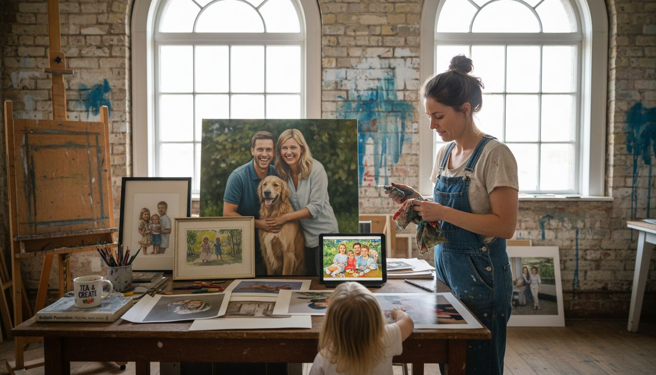 Artist displaying different family portrait styles
