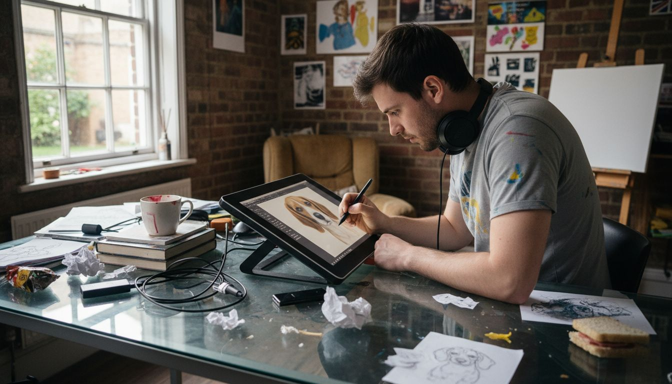 Artist sketching pet portrait on digital tablet