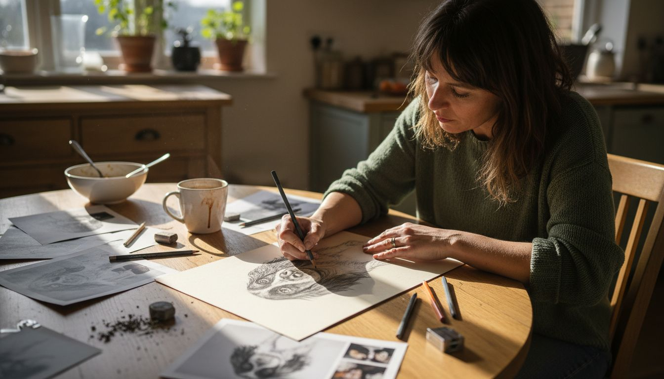 Artist sketching spaniel portrait in kitchen