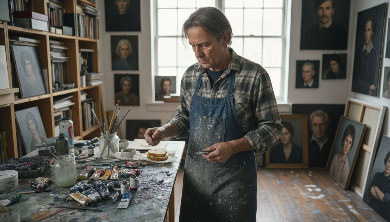 Artist selecting portrait materials in studio