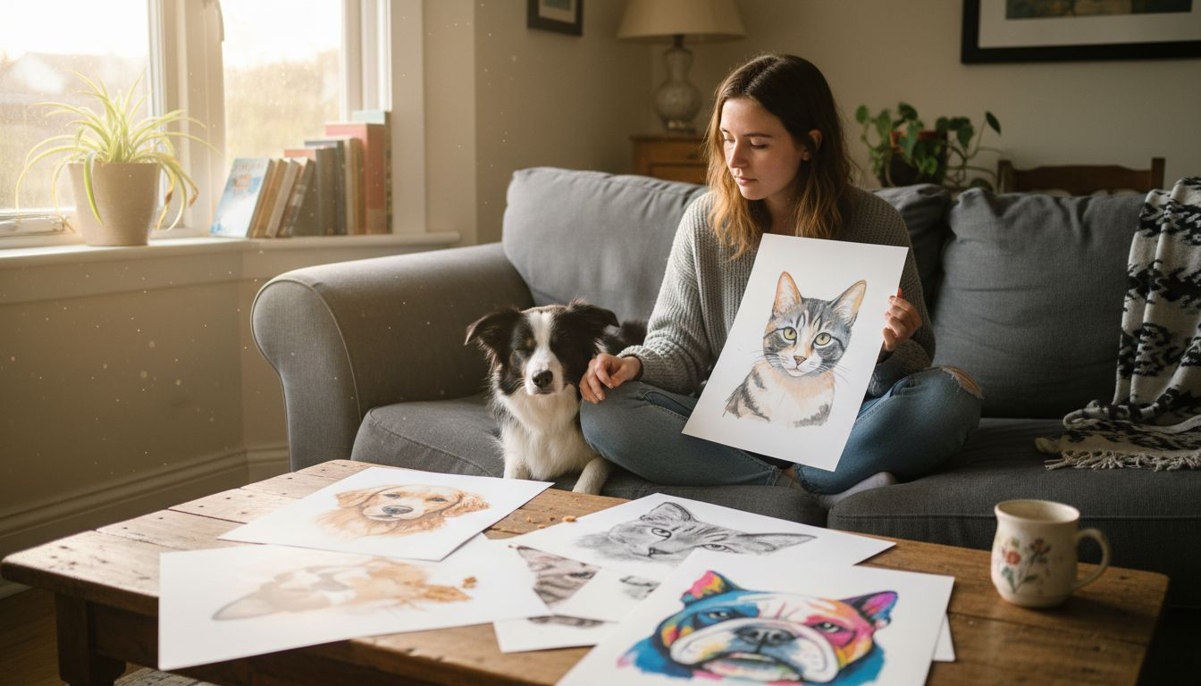 Pet owner reviewing varied portrait styles at home