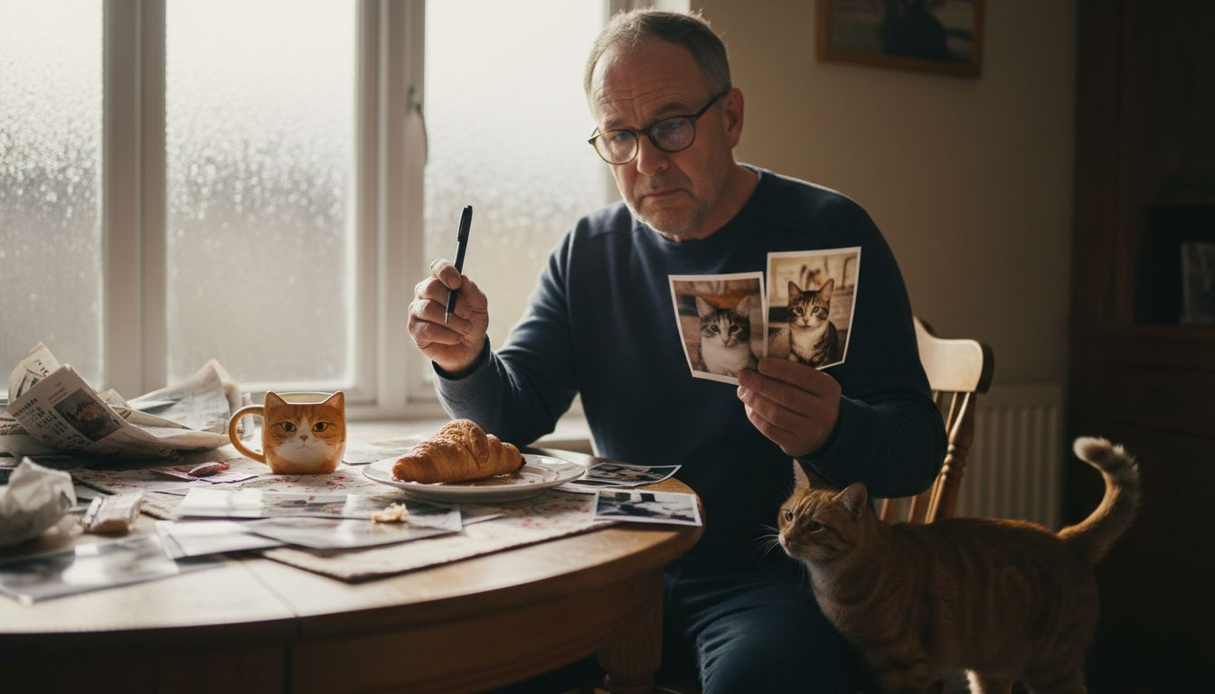 Man choosing cat photos at kitchen table