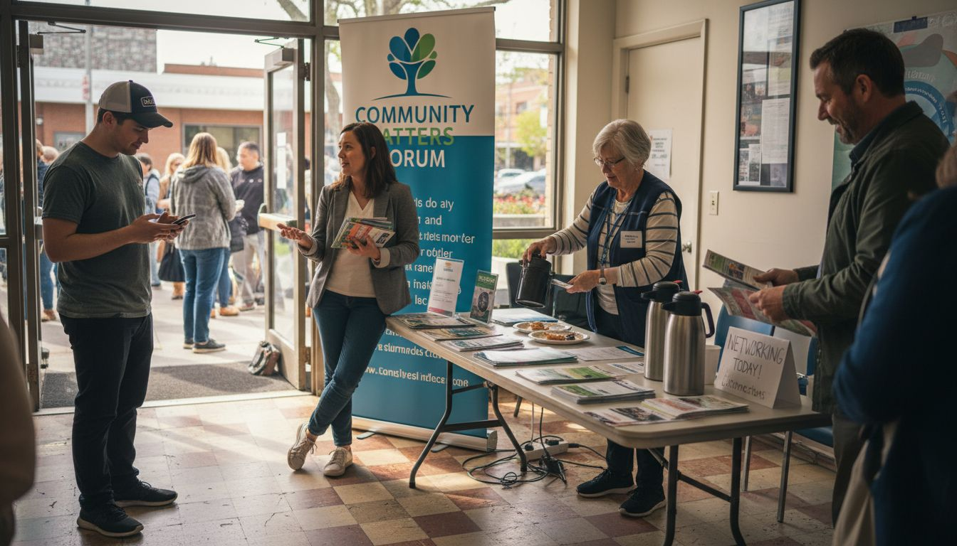 Local business owners networking and distributing flyers