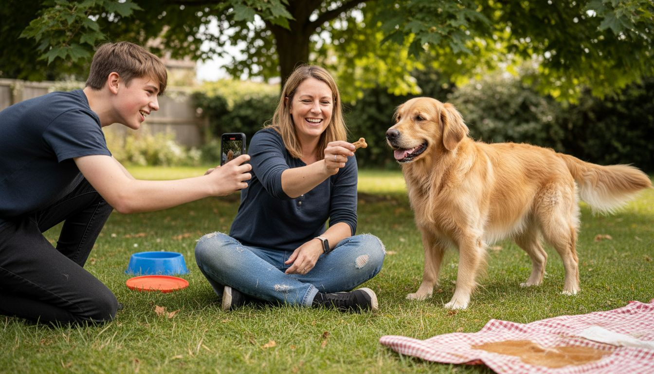 Mom and dog pose candidly outdoors