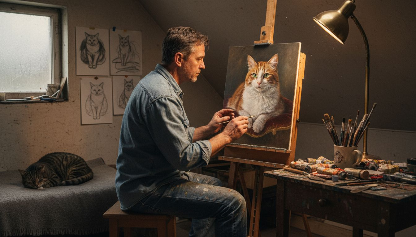 Artist painting realistic cat portrait