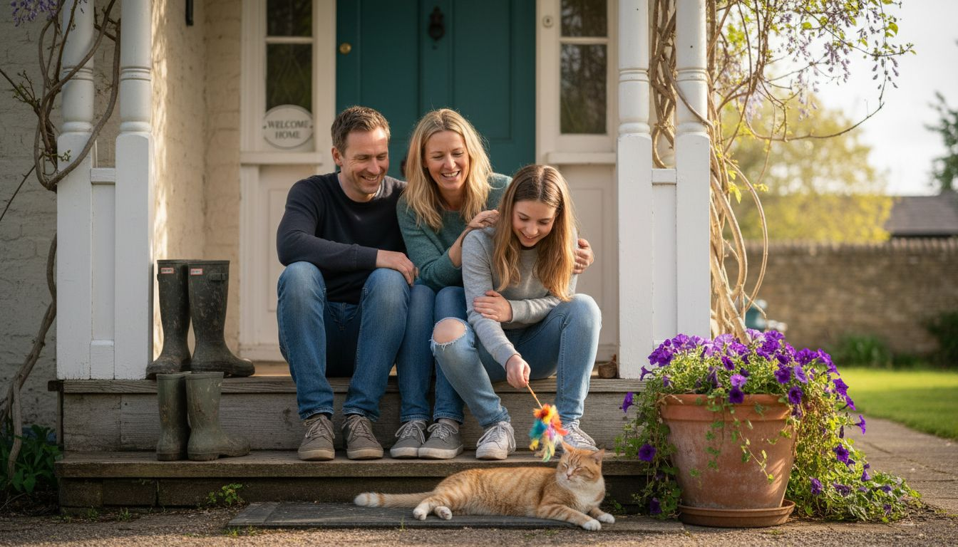 Family and tabby cat on porch steps