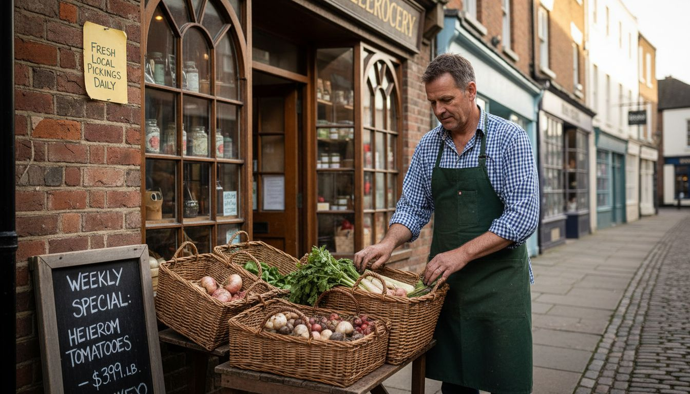 Waterlooville local shopkeeper arranging produce outside store