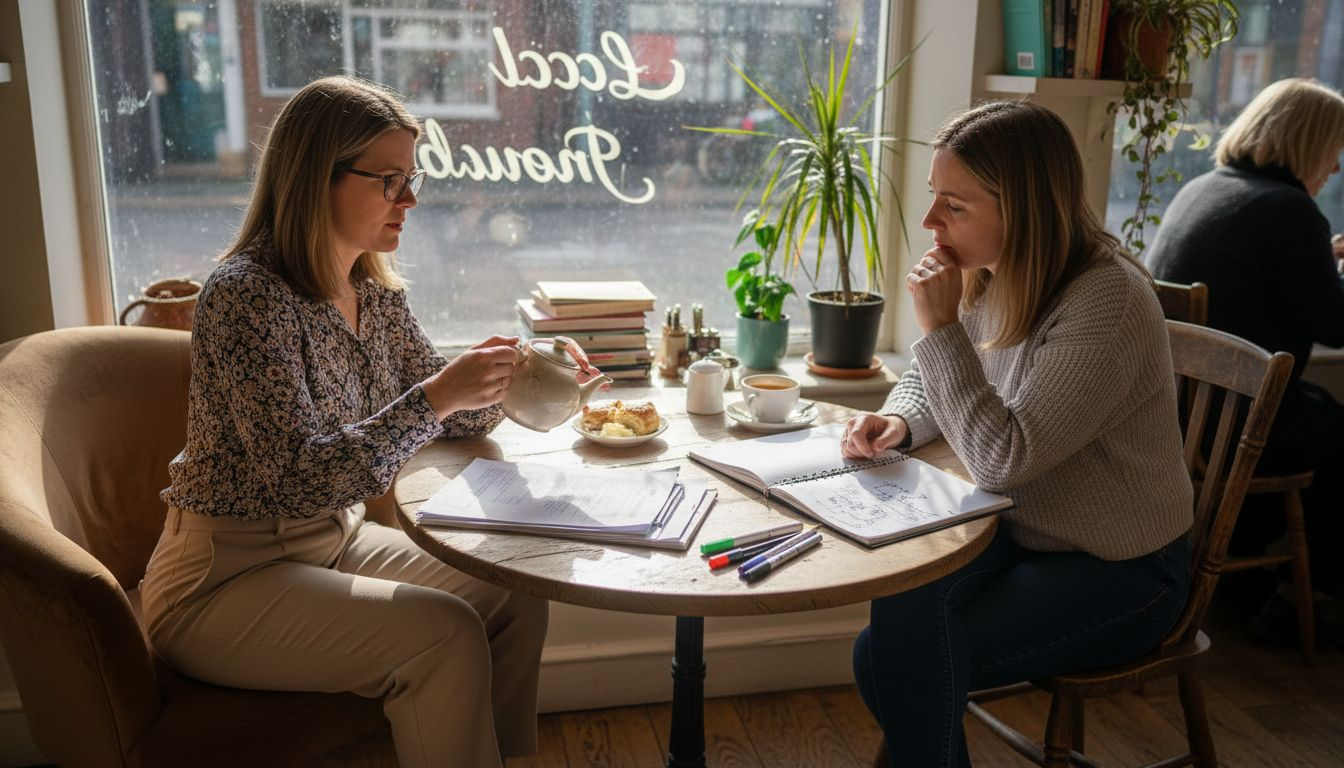 Two women discussing contracts at local café