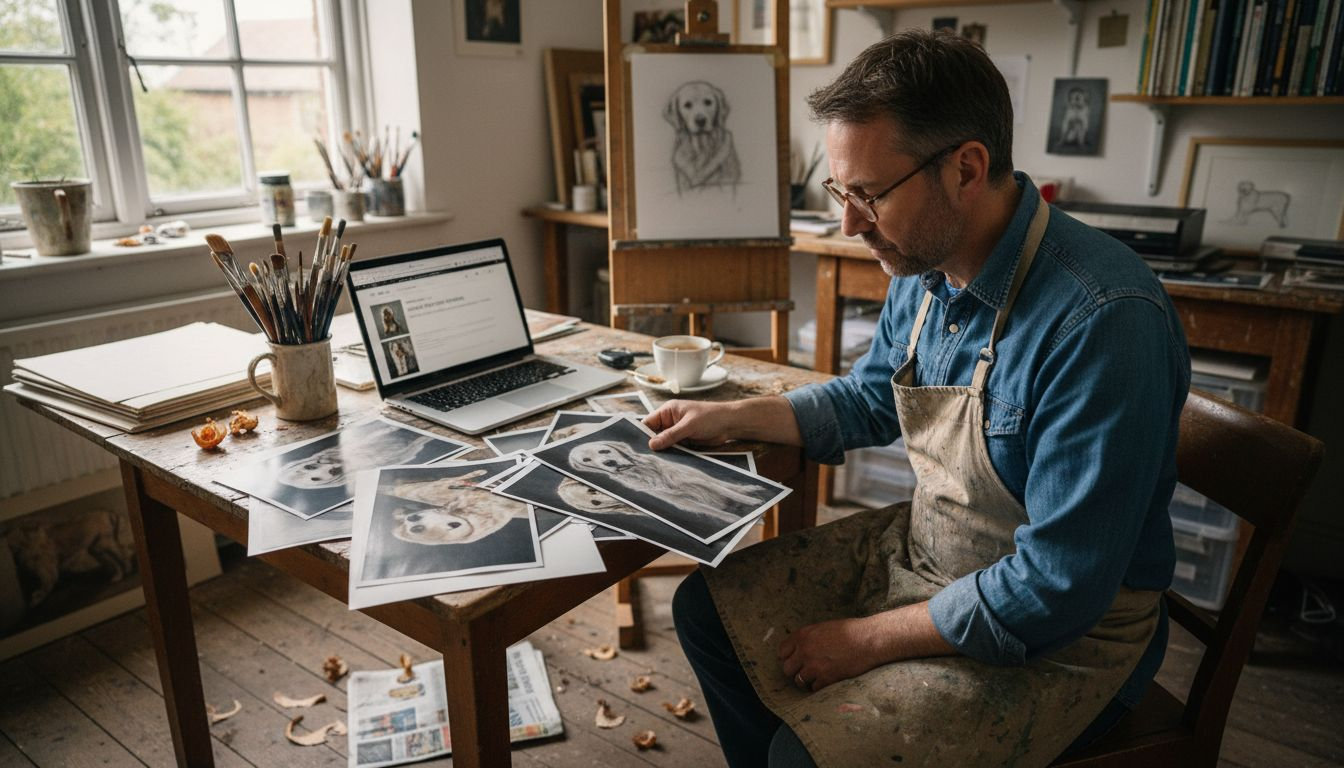 Artist reviews pet photos in studio workspace