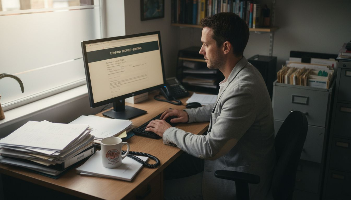 Business owner updating online profile at desk