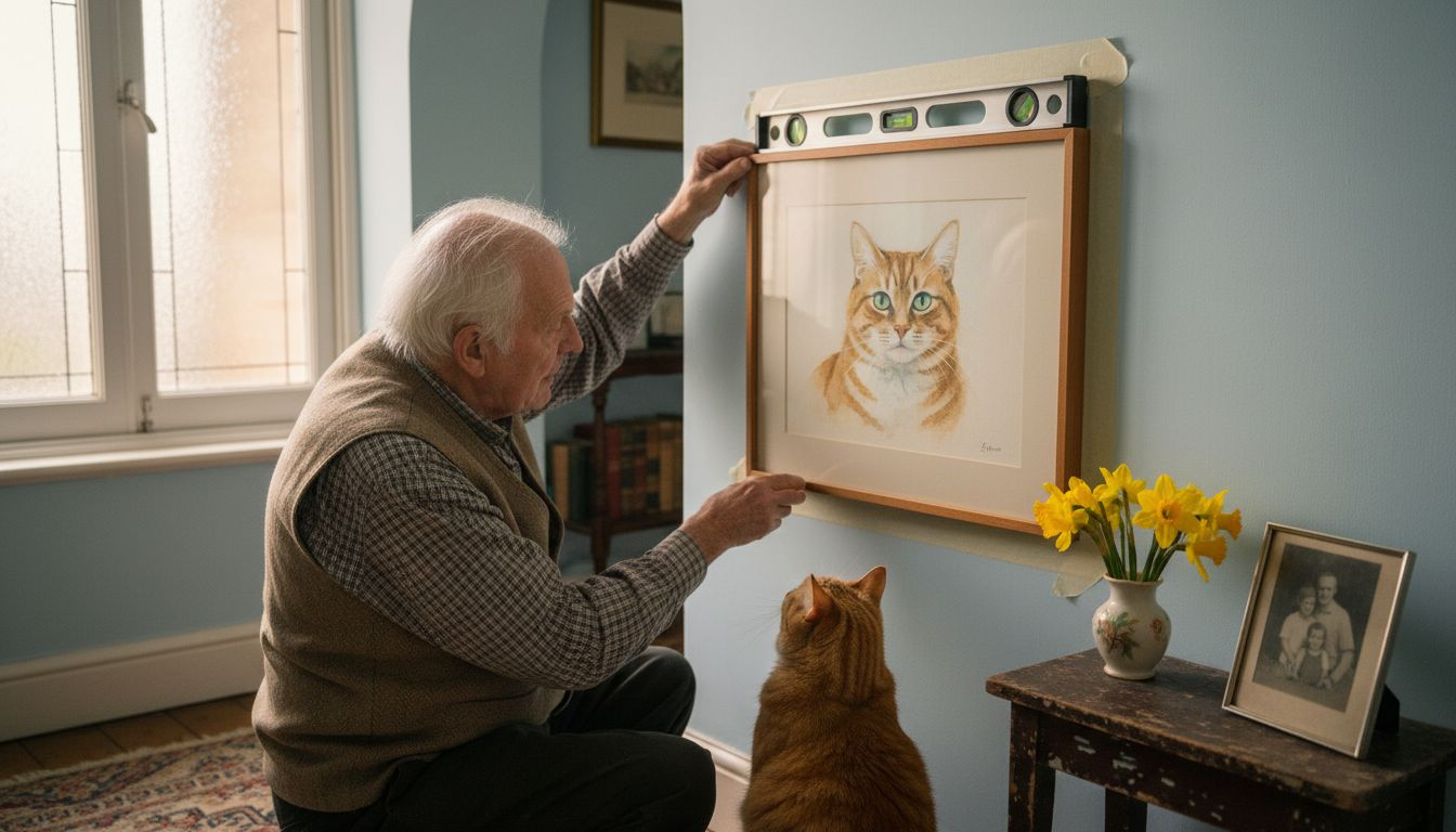 Man hangs cat portrait with real-life touches