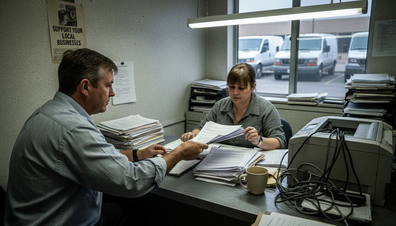 Supplier exchanging paperwork in town office